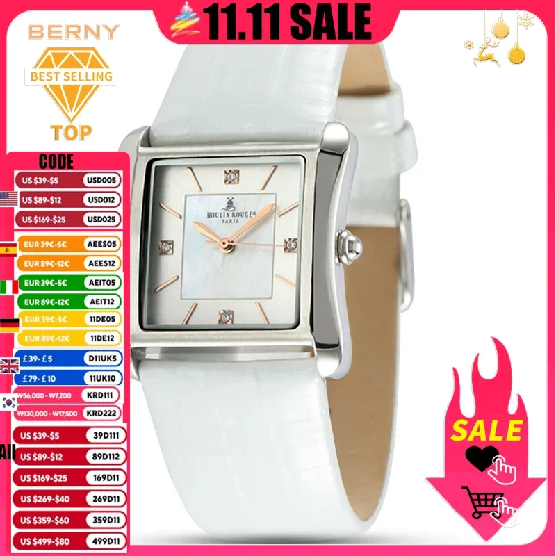 BERNY Women Quartz Watch Genuine Leather Strap Square 3ATM Waterproof Gemstone Dial Shell Pattern Ladies Fashion Wristwatch