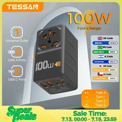 TESSAN 100W GaN Universal Travel Adapter with USB &Type C Fast Charging International Plug Adapter EU/UK/USA/AUS Plug for Travel