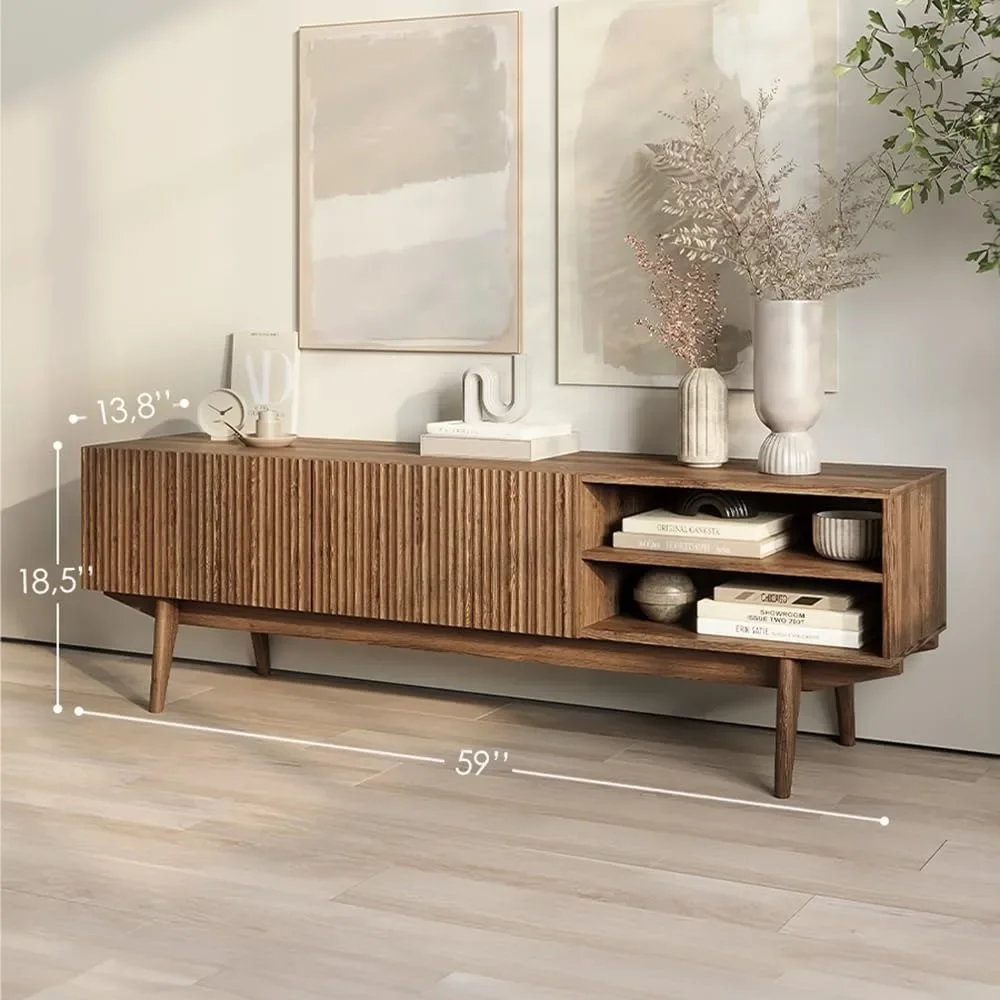 حامل تلفزيون إسكندنافي مقاس 59 بوصة بتصميم مخدد ووحدة تحكم الوسائط البنية ذات أرجل خشبية تناسب تلفزيونات مقاس 50-70 بوصة