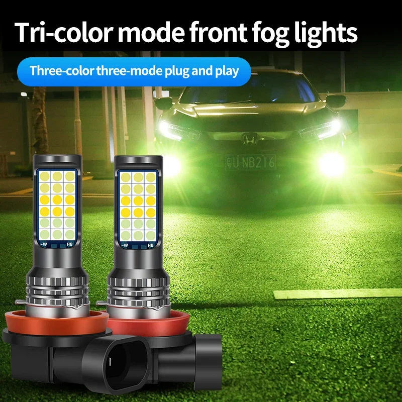 H4 H7 H11 LED Fog Light Tricolor Bulbs H1 H3 9005 HB3 9006 HB4 880 H27 H8 H9 35W Car Lamp White Ice Blue Red Yellow Pink