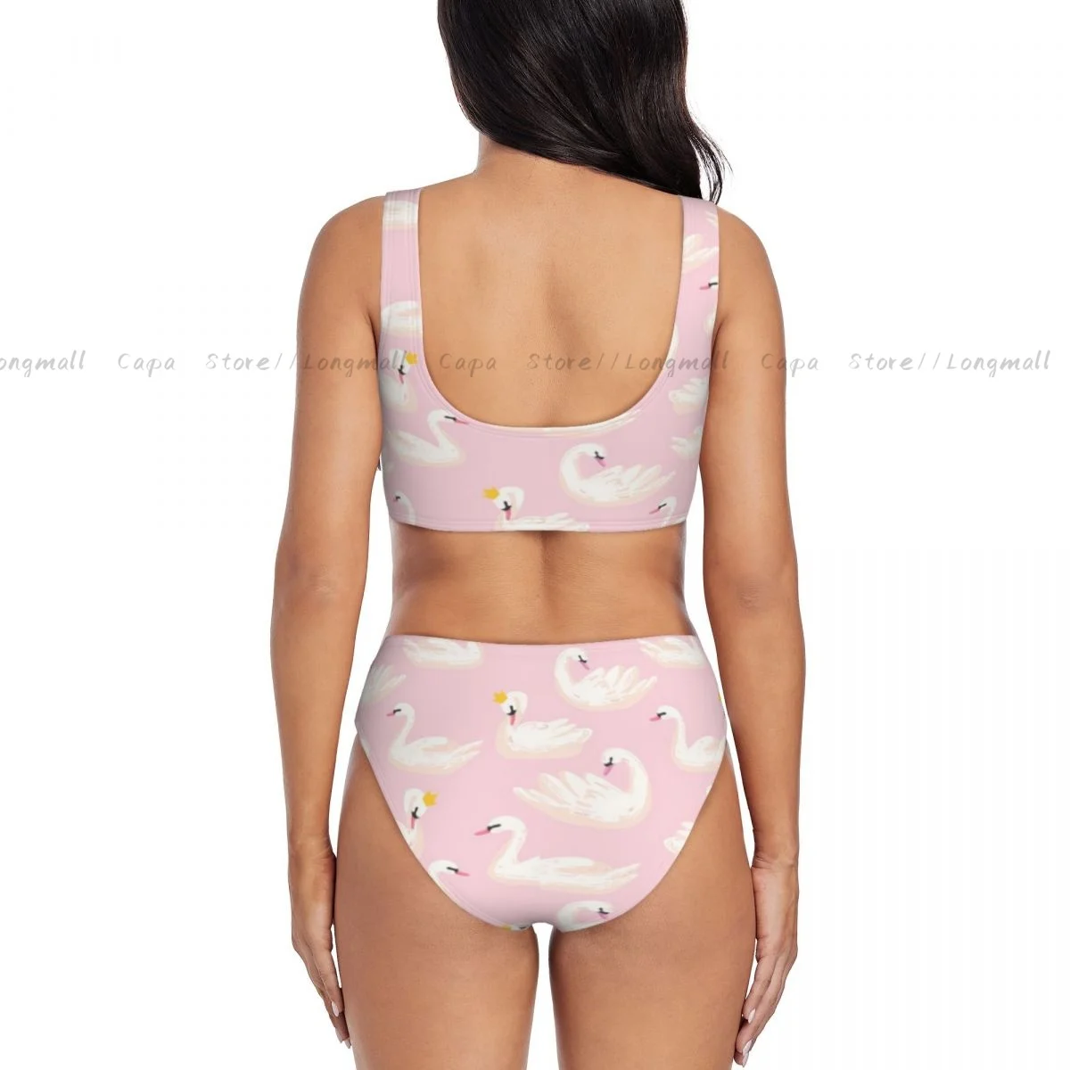 Verão feminino com decote em v conjunto de biquíni branco cisnes em coroas impressão banho feminino 2 peça praia maiô