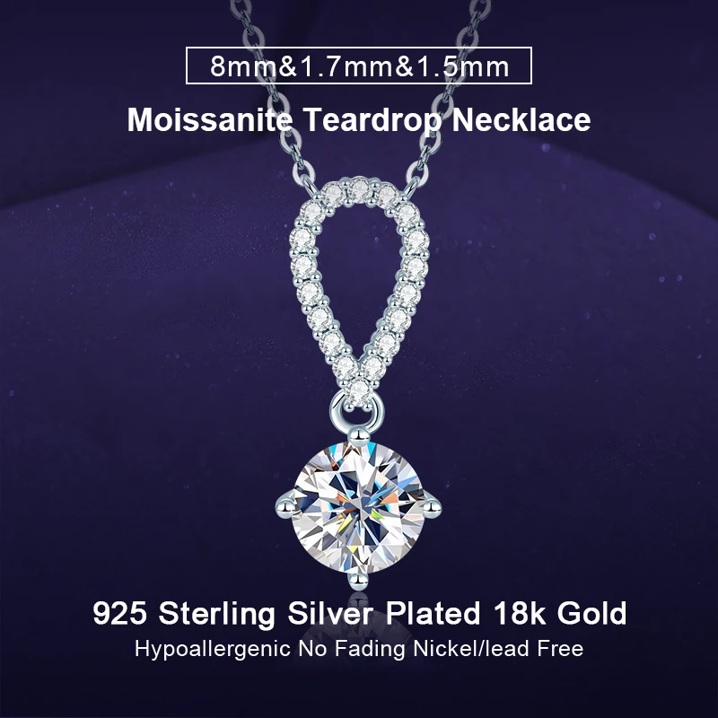 

IOGOU 8mm&1.7mm&1.5mm Round vvs1 Moissanite Teardrop Pendant Necklace Original 925 Silver Classic Engagement Jewelry for Women