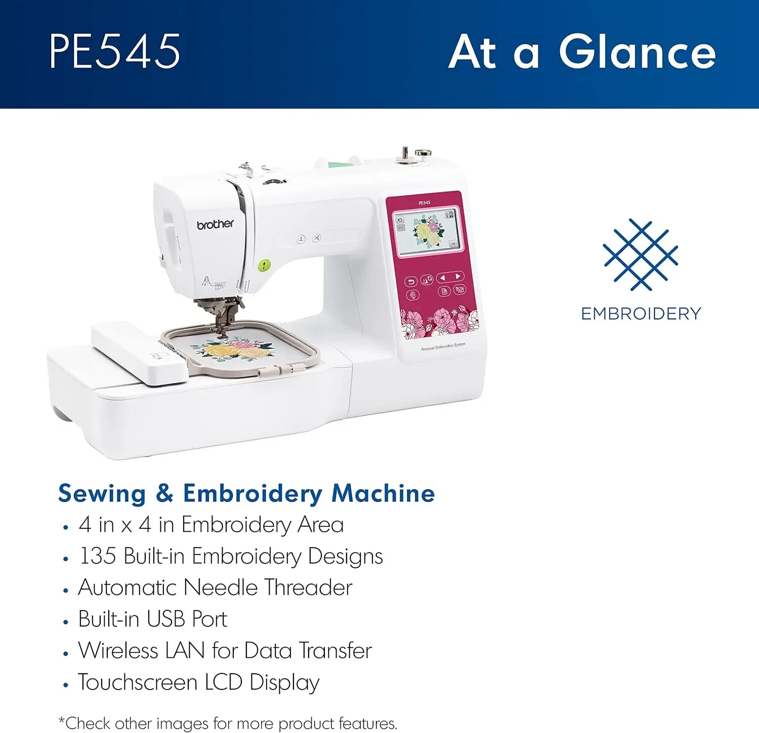 Brother PE545 Embroidery Machine, Wireless LAN Connected, 135 Built-in Designs, 4