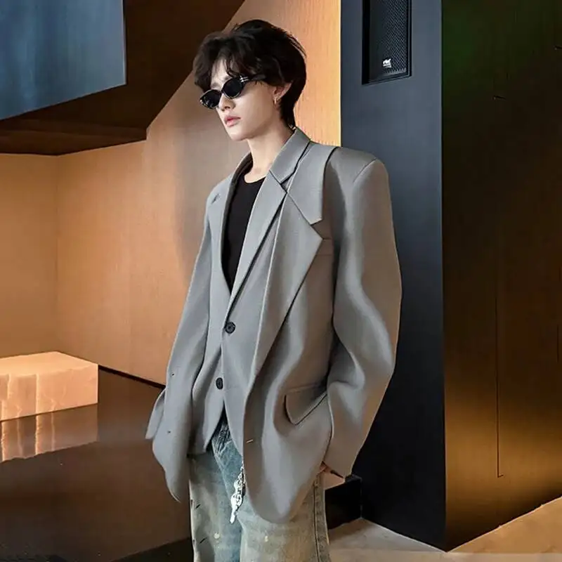 Niche Design Men's Suit Jackets Solid Color Double Layers Shoulder Padded Lapel Single Breasted Loose Male Blazers 9WI3NV