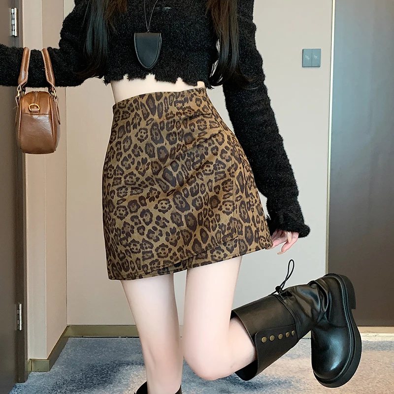 Irregular Leopard Print Mini Skirts Women's Y2k Hot Girl Folds High Waist A-line Skirts Korean Fashion Party Hip-Wrapped Skirts