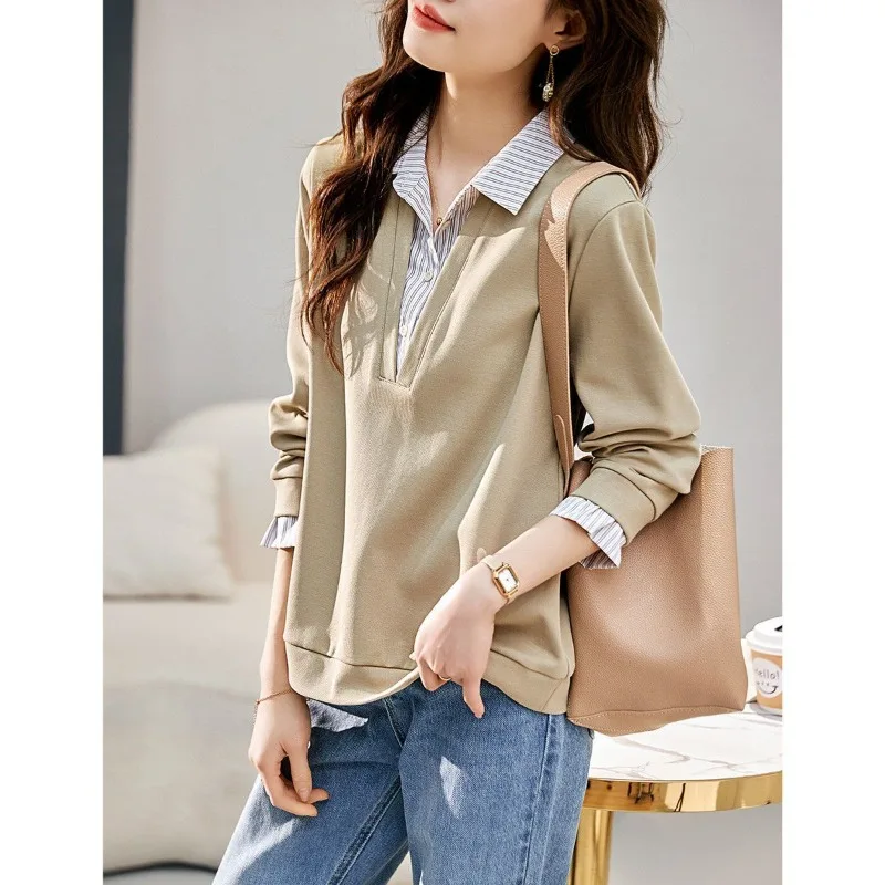 2023 Spring and Autumn Women\'s Stripe Contrast Long Sleeve Polo Collar Fake Two Pieces Pullover Fashion Casual Formal Tops