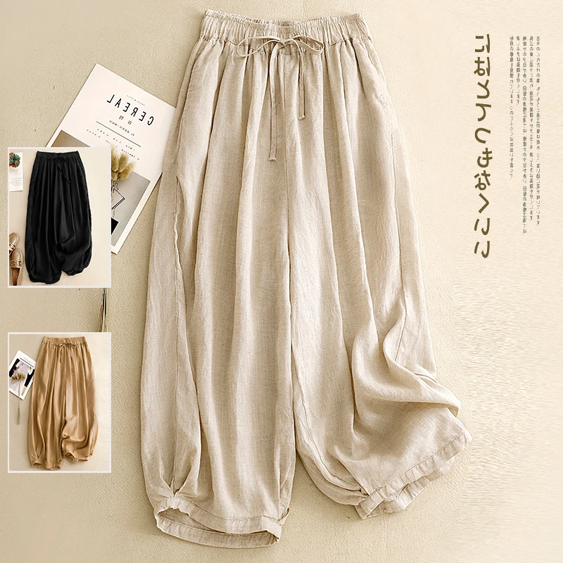 

Высококачественные цветные льняные повседневные девятисекционные брюки большого размера, женские свободные брюки с поясом и высокой талией для похудения Harlan La...