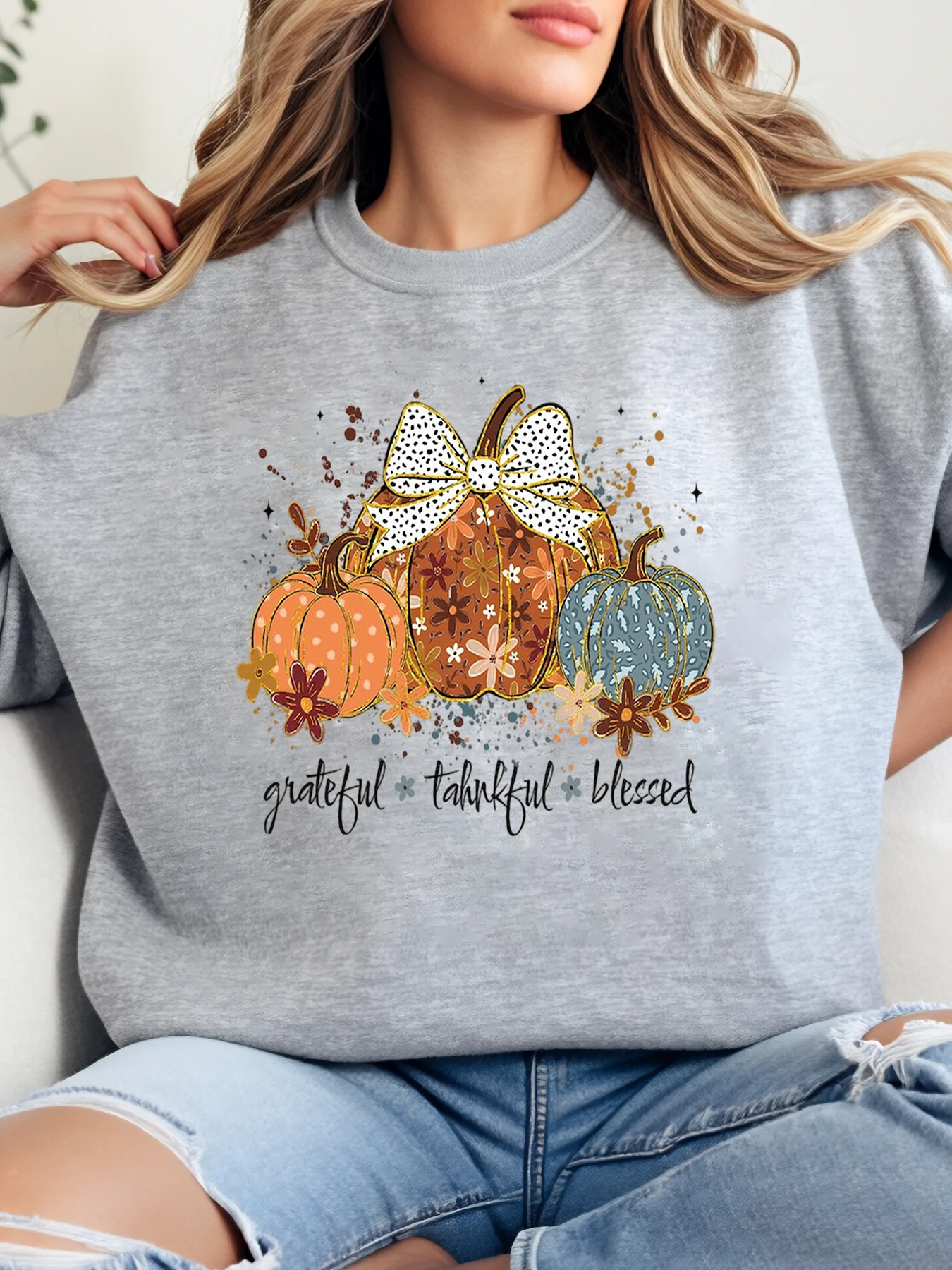 

Pumpkin Bow Grateful Thankful Print Sweatshirt Thanksgiving Women Casual Autumn Outfit Gray Plus-Size