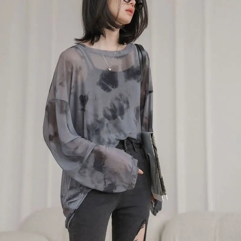 2026 Korean Tie Dye Sheer Mesh Long Sleeve T Shirt Women Loose Fit Trendy Sun Protection Lightweight Layering Top - view 4