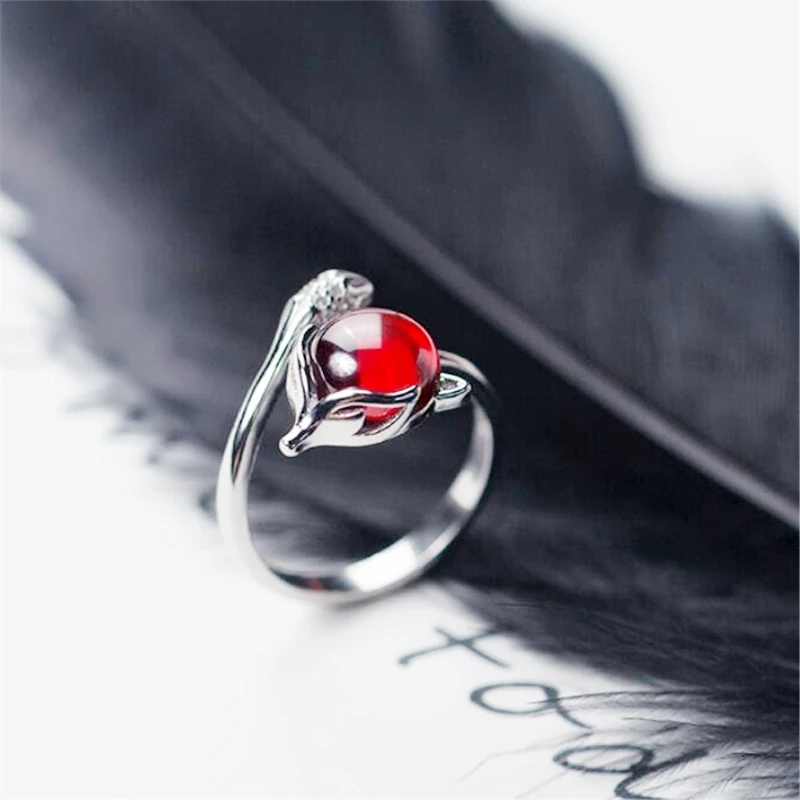 Sole Memory Red Garnet Vintage Shiny Fox 925 Sterling Silver Female Resizable Opening Rings RI947