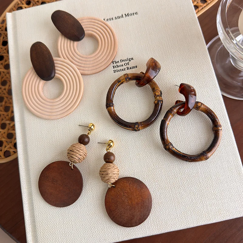 Bohemian Wooden Round Geometric Color Block Earrings for Women Premium Lightweight Non Slip Boho Resort Vacation Daily Wear