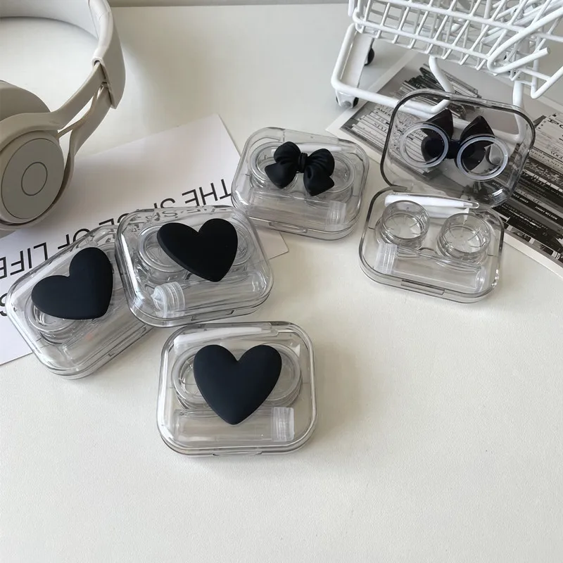 Clear Beauty Pupil Contact Lens Cases for Women Black Love Bow Contact Lens Container Women Box Storage Eye Care Box Case