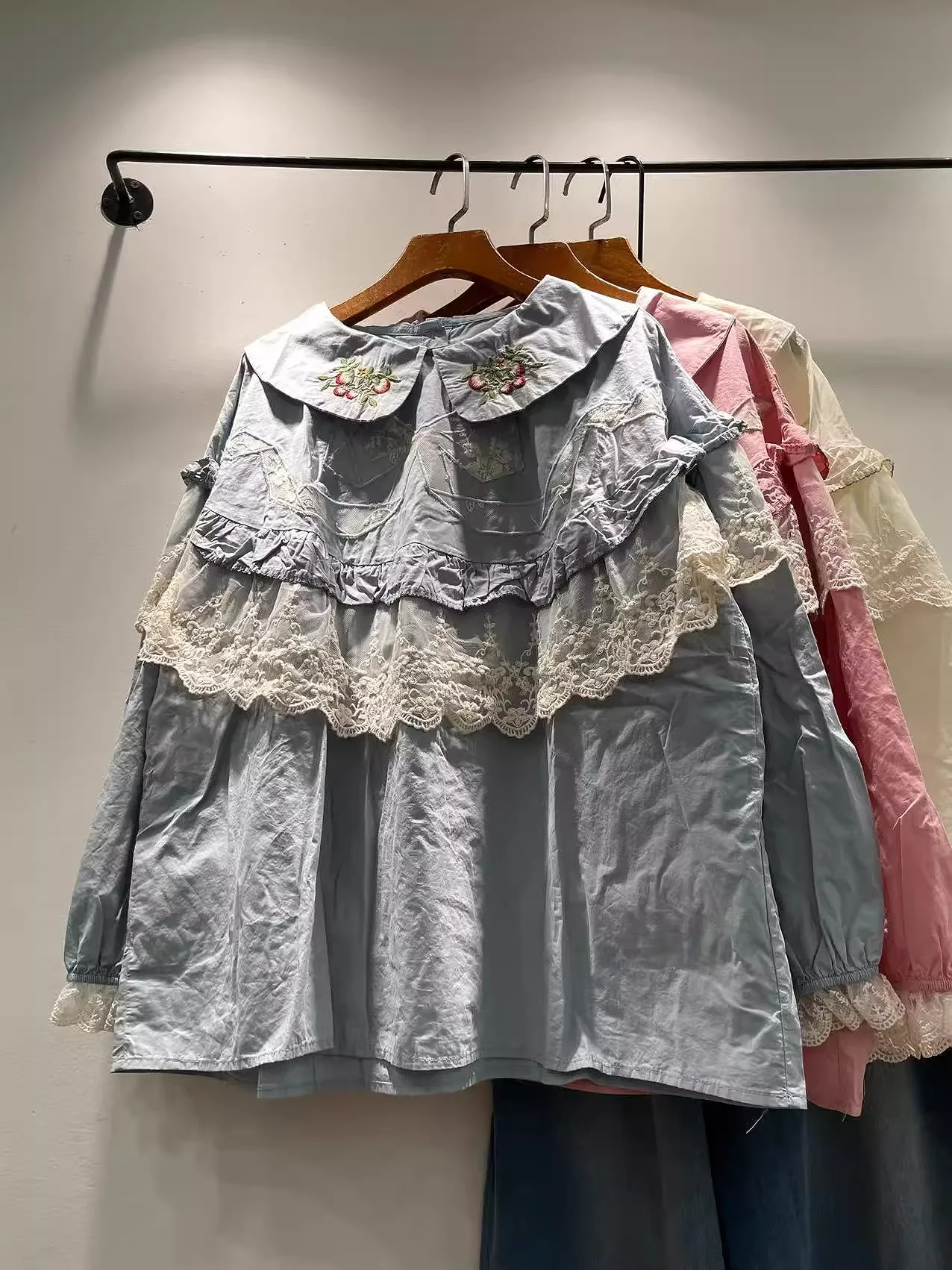 

Original Sweet Lolita Clothing Mori Girl Autumn Cotton Pink Beige Blue Lace Patchwork Shirts and Blouses for Women Cute Clothes