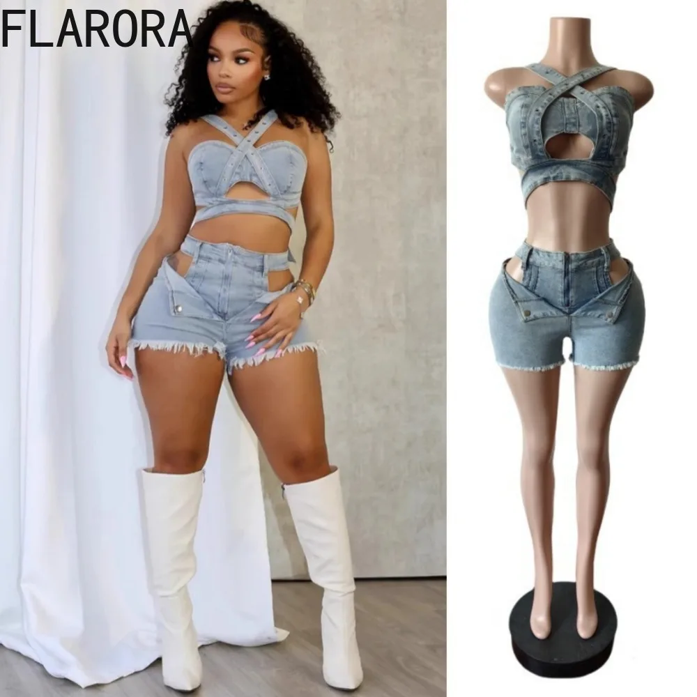 

FLARORA Fashion Denim Hollow Out 2 Piece Sets Woman Halter Wrap Strap Crop Tops And Shorts Jeans Outfits Summer Y2k Streetwear