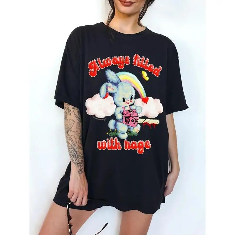 

Oversized Graphic T-shirt, Cute Rabbit Print, Kawaii Grunge Style,Streetwear Loose Top for Women,Y2K E-girl Aesthetic,Funny Gift