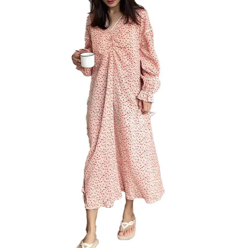 Casual 100% Cotton Muslin Dress For Women Sexy V-neck Long Sleeve Loose Maxi Robe Elegant Pajamas Nightdress Vestidos