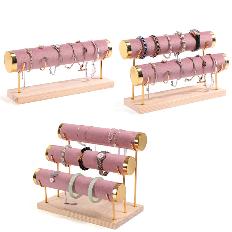 New Solid Wood Pink Velvet Jewelry Display Stand Ring Earrings Bracelet Necklace Watch Pendant Storage Display Stand