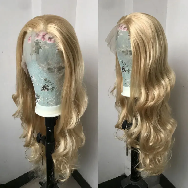 Ouro loira cor onda do corpo perucas dianteiras do laço sintético de alta qualidade fibra resistente ao calor cabelo natural linha fina para cosplay feminino