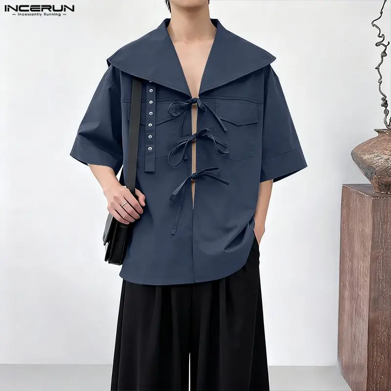 

INCERUN Men Shirt Solid Color Navy Collar Short Sleeve Casual Men Clothing Summer Streetwear Loose 2026 Fashion Tops Male Shirts