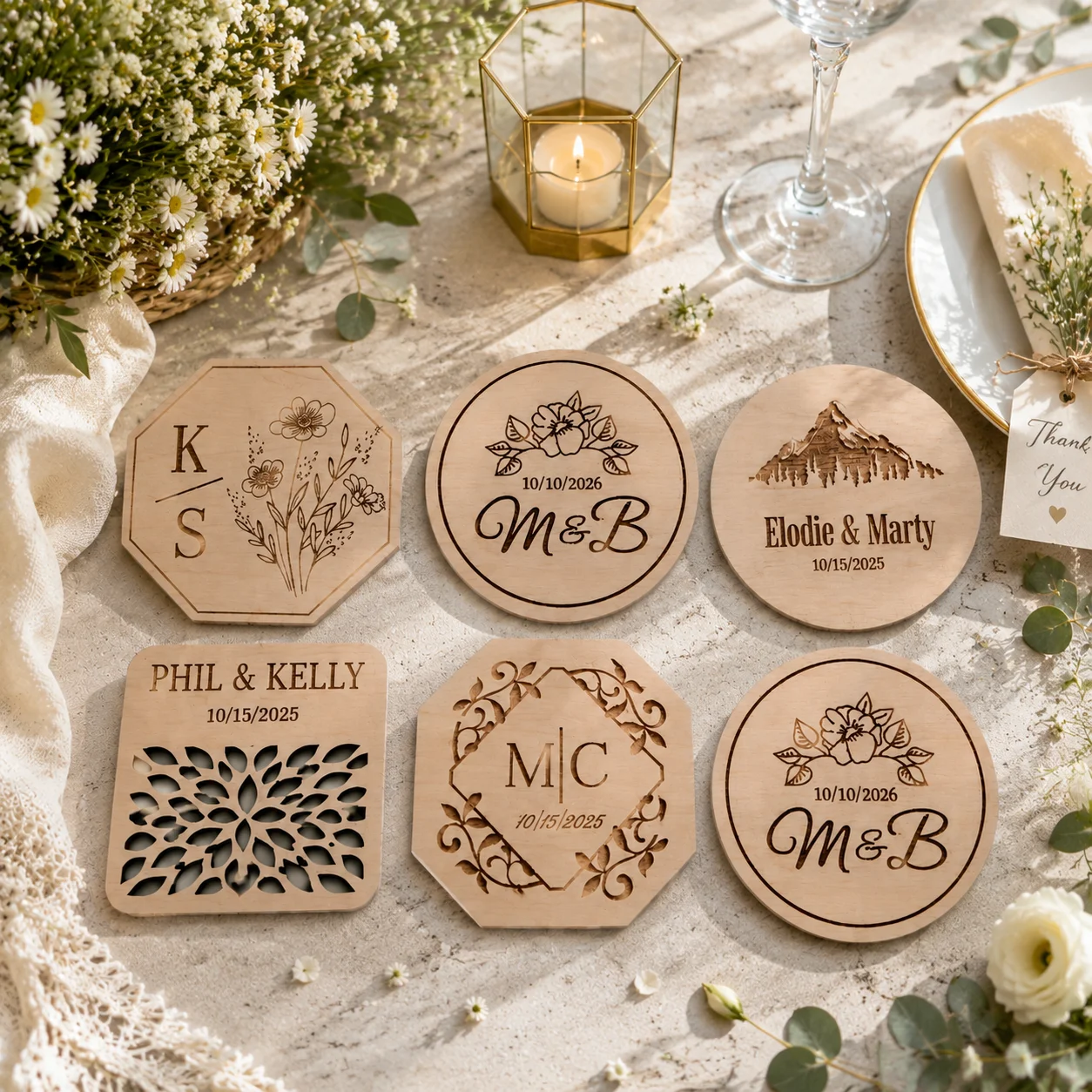 10/30/50Pcs Personalized Wedding Place Cards Custom Wooden Drink Coasters Save the Date Name Tags Table Decor Party Guest Gifts