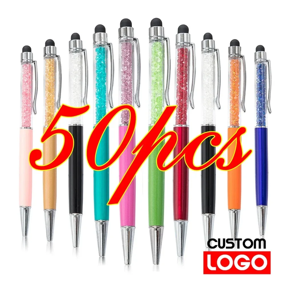 50Pens Crystal Metal Ballpoint Pen Fashion Creative Stylus Touch for Writing Stationery Office School Gift Free Custom Logo