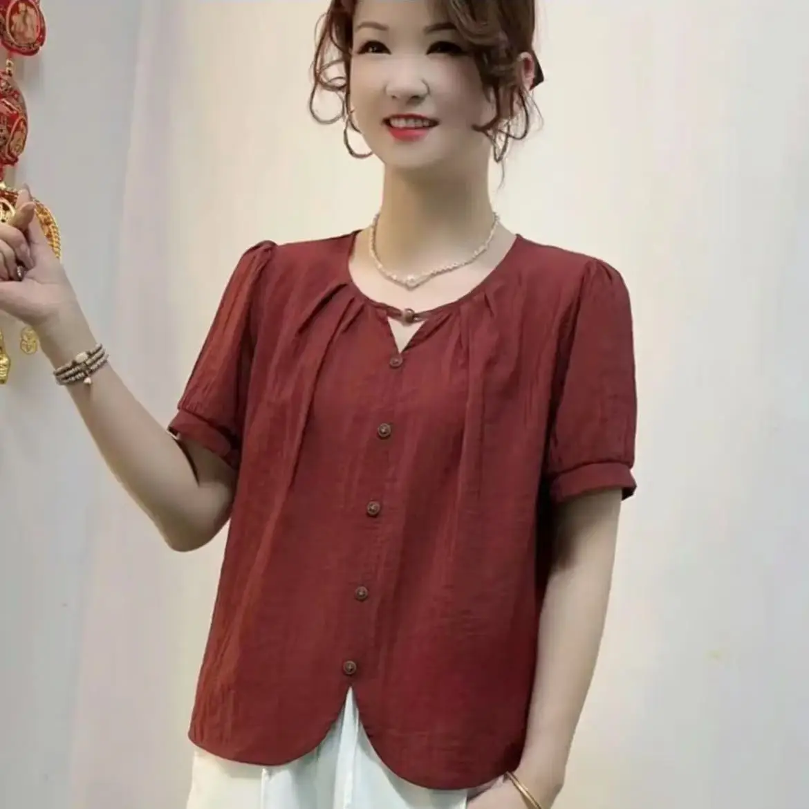 

French Round Neck Short Sleeve Top Casual Stylish Women's Top