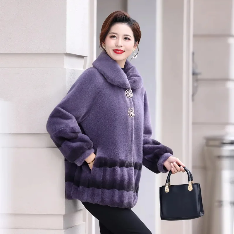 Fall/Winter Mink Velvet Coat Female Mother2023New Fashion Outwear Middle-Aged Elderly Women Overcoat Long Add Cotton Wool Jacket