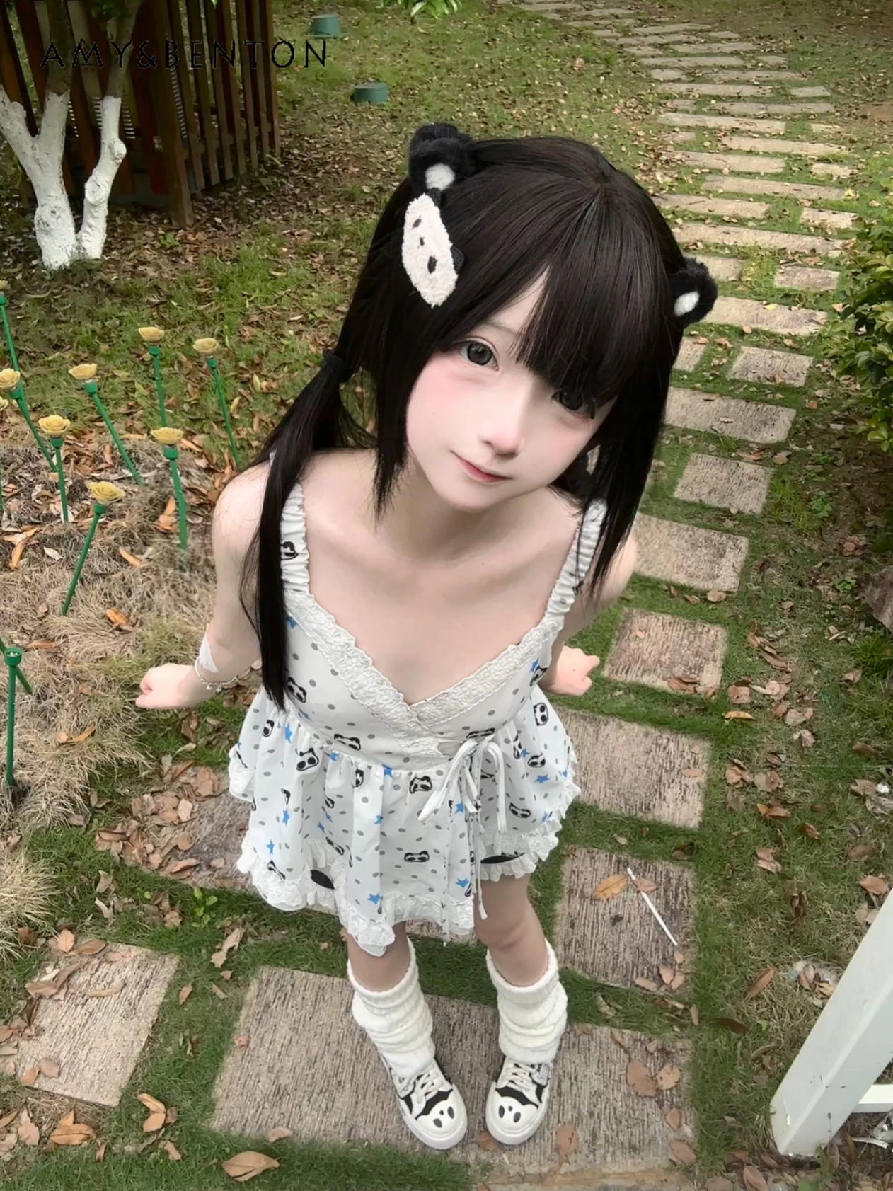 Été Original mignon dessin animé imprimé dentelle Patchwork sangle cravate gilet dentelle taille élastique Shorts japonais chérie fille chaude ensembles