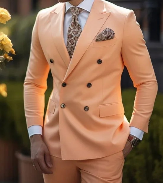 High Quality Brown Men Suits 2024 Double Breasted Bespoke Wedding Suit Peaked Lapel Formal Blazer Slim Fit 2 Piece Jacket Pants