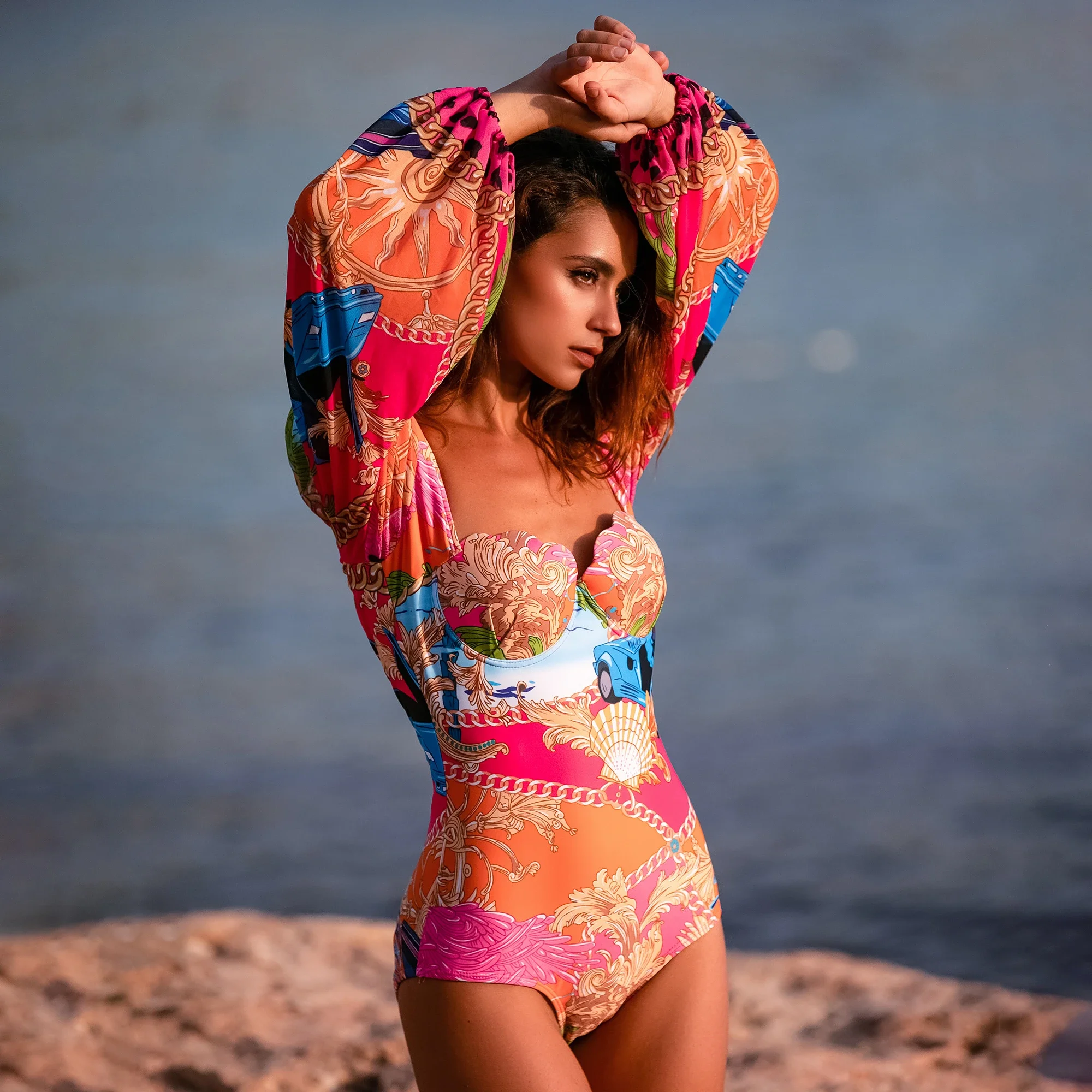 FLAXMAKER Long sleeves Print One Piece Swimsuit and Skirt Beachwear Monokini Two piece Bathing Suit