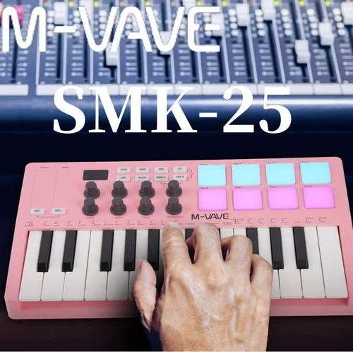 M-VAVE SMK-25 Controlador de teclado MIDI USB con 8 almohadillas RGB, Bluetooth, 8 perillas, teclas semipesadas, software incluido - Rosa/Rojo