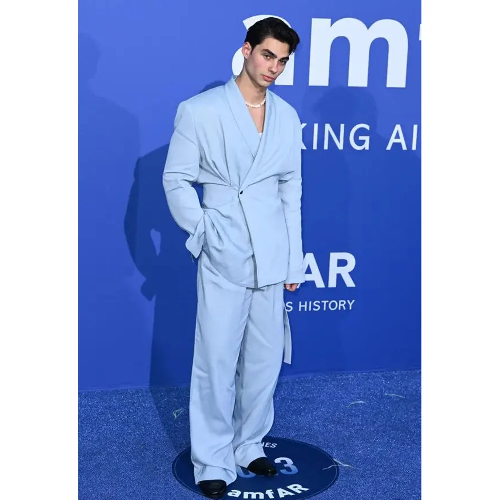 

Sky Blue Men's Suit Business Casual Social Party Male Clothing 2 Pieces Chic Outfits Blazer Set Customized