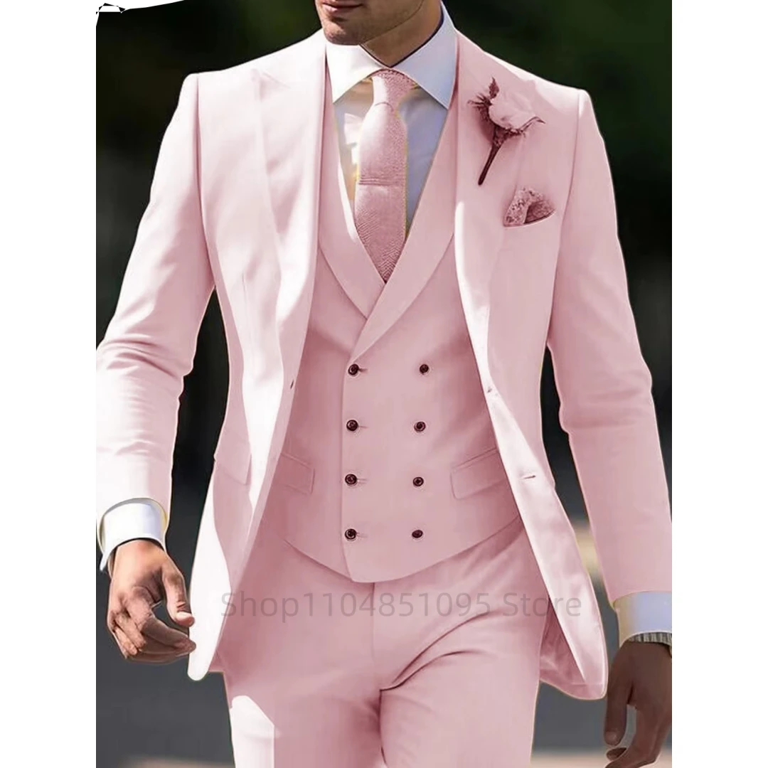 

Elegant 3 Piece Pink Men's Suit Slim Fit Fashion Wedding Tuxedo Formal Peak Lapel Blazer Vest Pants for Party Prom Homme Costume