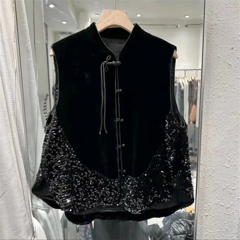 Velvet Shining Autumn Premium Sleeveless Coat Women 2025 Shoulder Jacket Black XXL Fashion Chinese Style Buckle Vest Jacket