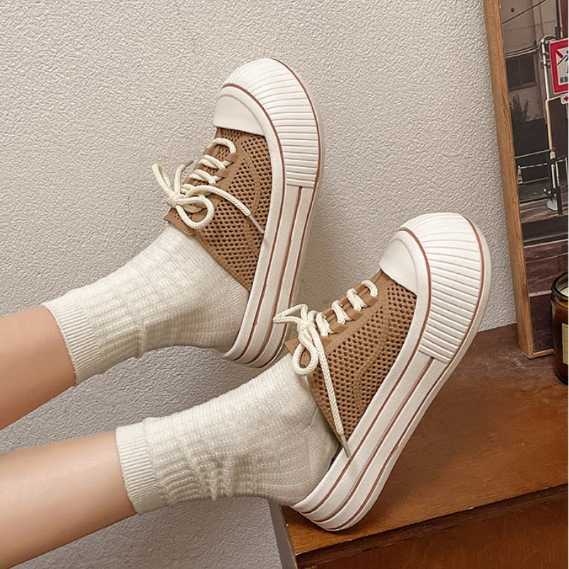 여성을위한 통기성 메쉬 레이스 업 여름 플랫폼 슬리퍼 홈 스트리트 신발 두꺼운 단독 한국 스타일 소녀 슬립 온 샌들