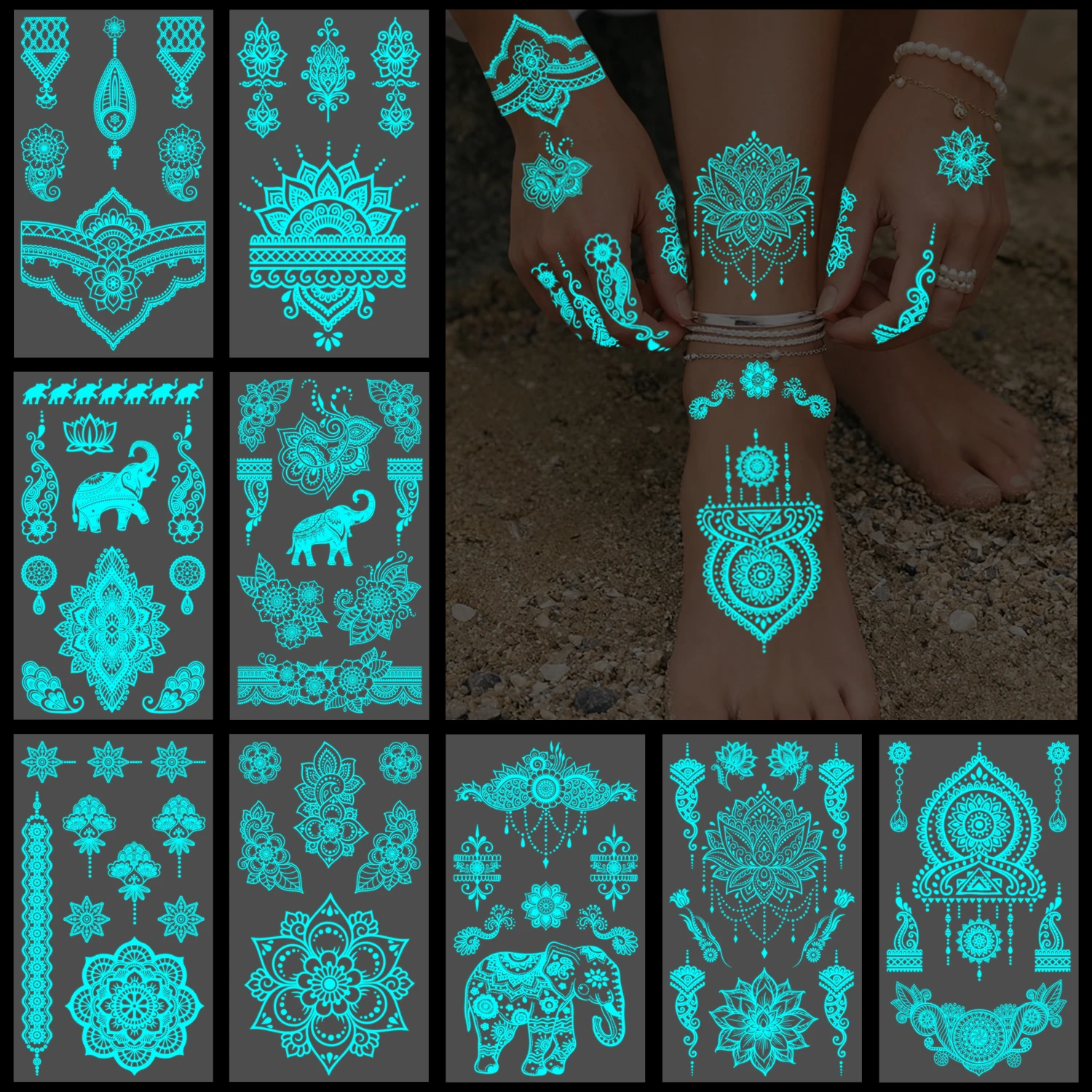 10 Sheets Glow in the Dark Tattoos for Women Girls Luminous Temporary Hand Tattoos Arm Hands and Rave Indian Festival Accessorie