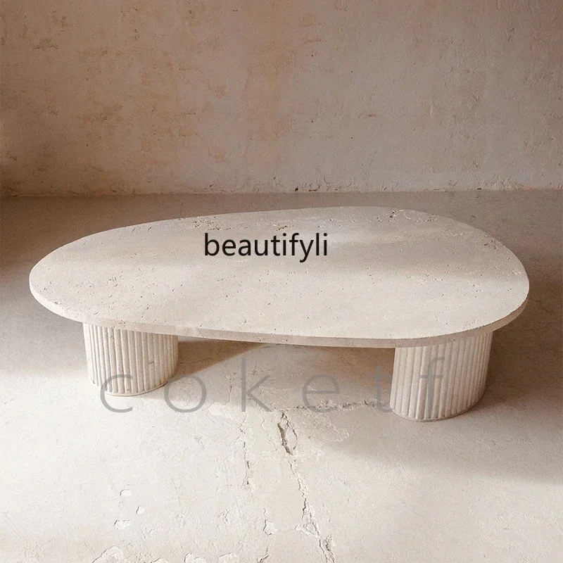 

Wabi Sand Wind Designer Villa Model Room Living Room Special-shaped Natural Roman Travertine Marble Coffee Table