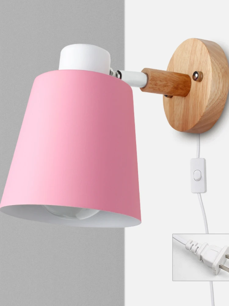 with Plug Iron  E27 Macaroon 6 Color Bedside  Led EU/US Plug L Sconces with Switch Decoration Light Fixture Nordic Wall Lamp