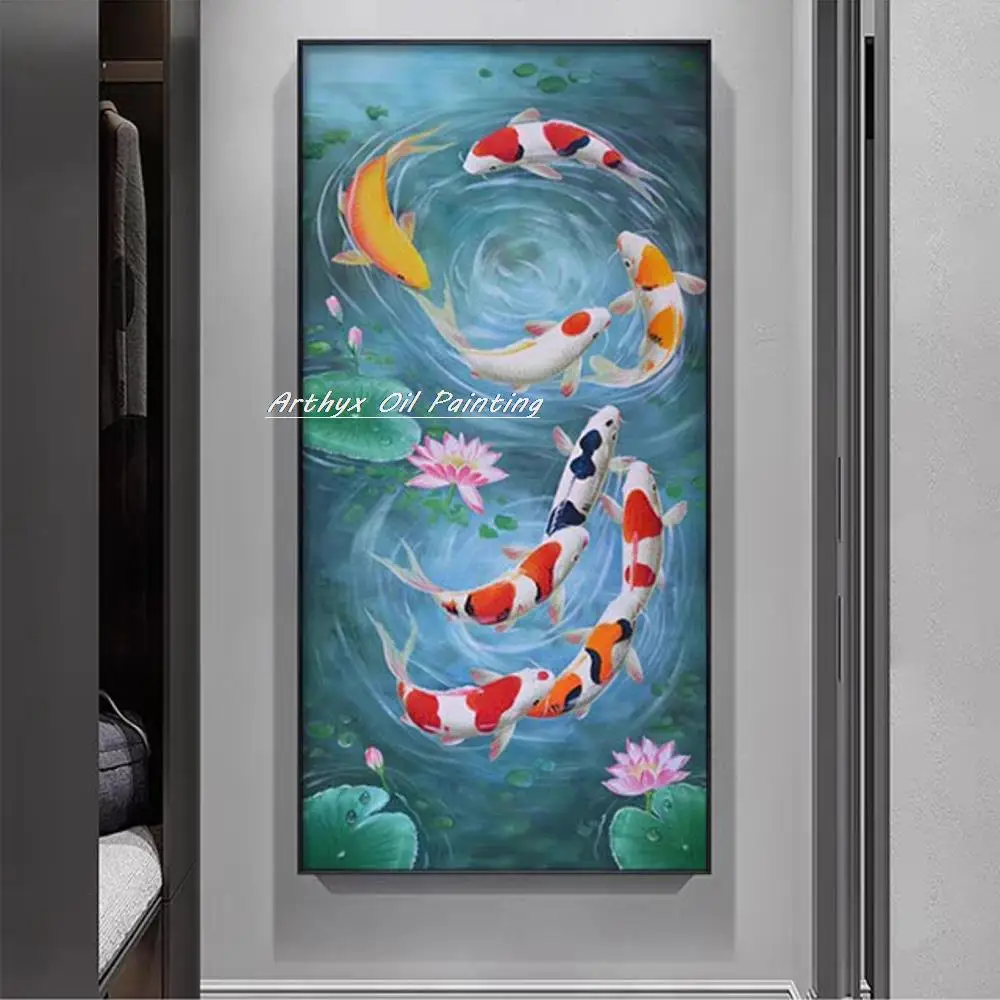 Arthyx Large Handmade Nine Koi Carp Oil Painting On Canvas,Modern Home Decor Abstract Landscape Wall Art,Picture For Living Room