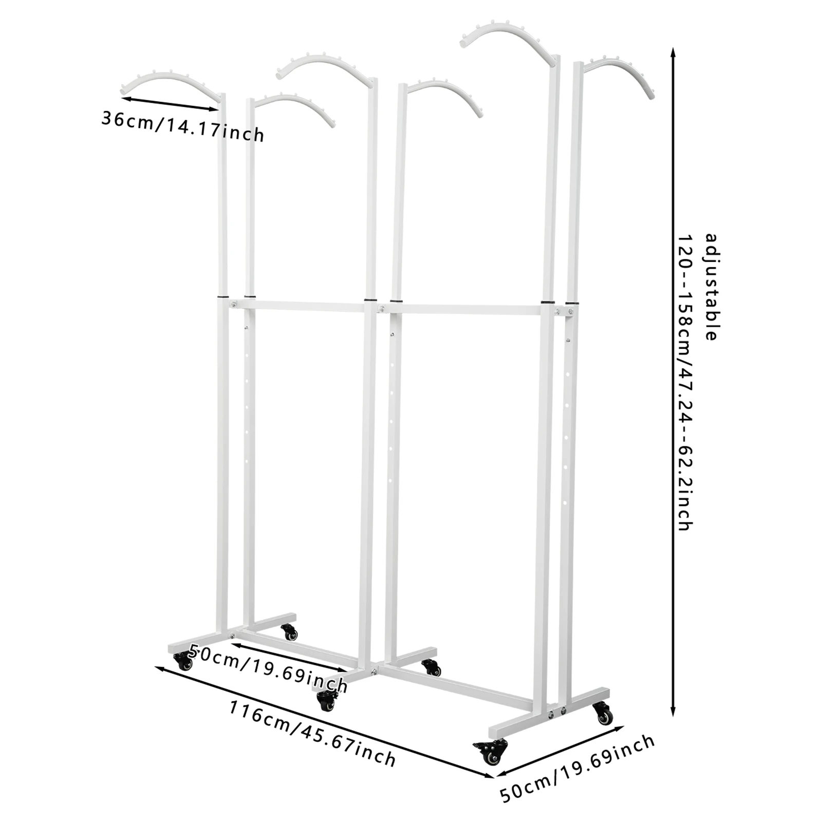 Clothing Display Rack with Wheels 6 Arms, Adjustable Height Clothes Rack 331lbs, 6 Casters 3 Brakes White for Retail Home