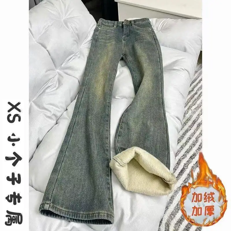 

Женские брюки на флисовой подкладке, утепленные повседневные синие джинсы в стиле ретро, осень-зима, утягивающие брюки-подкова с высокой талией