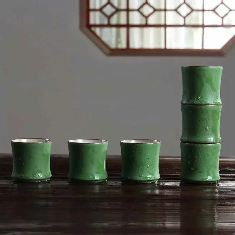 

60ML Bamboo Joint Tea Cup Stoneware Green Glaze Master Cup Rising Step By Step Ceramics Shot Glasses Teahouse Cup