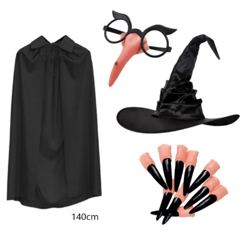 5PC Halloween Witch Cloak Hat Party Adult Black Pointed Oxford Cloth Magician Hat Witch Hat Masquerade Ball Party Dressing