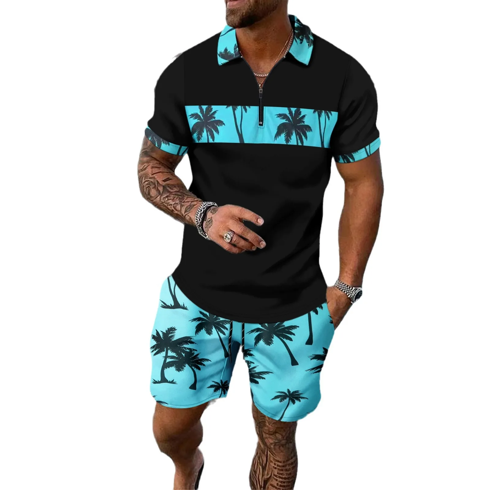 (Euro code) Summer New Men's Casual Beach Style Digital Printed Short Sleeved T-shirt Shorts Set