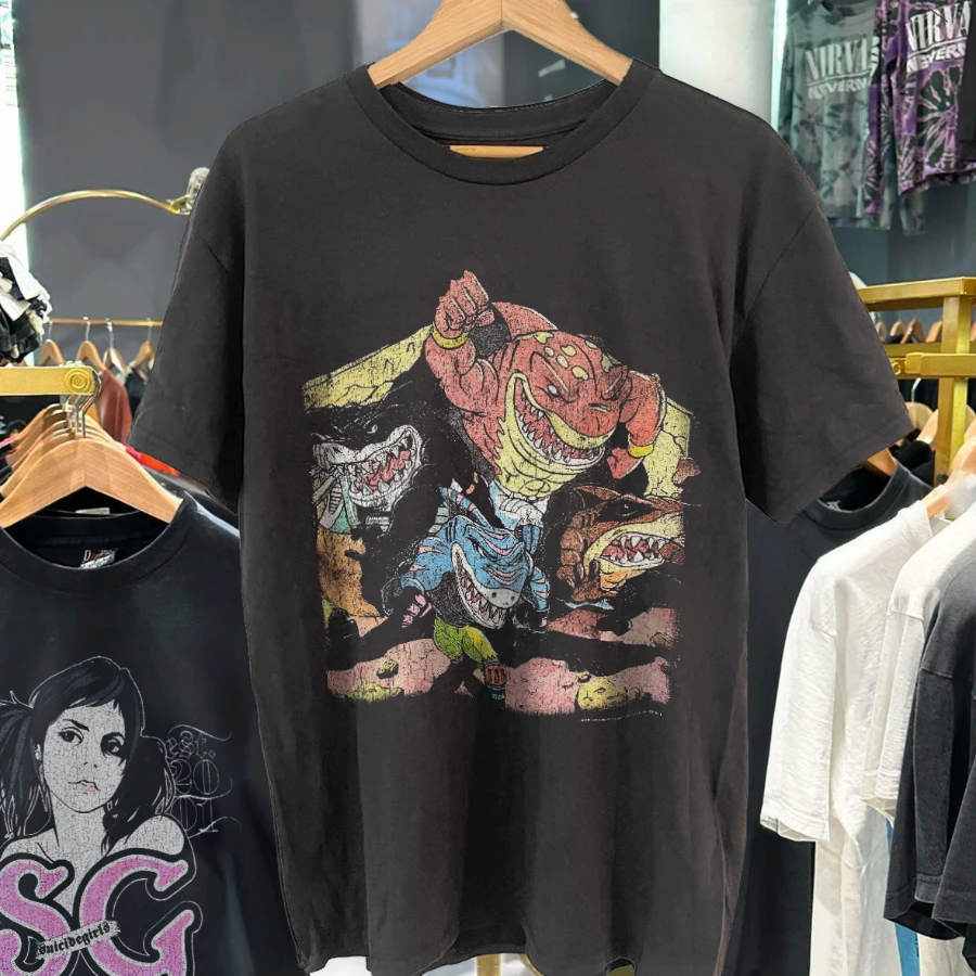 Street Sharks 1995 Grail Black Vintage Washed T-Shirt Style Underground Print Loose Retro Summer