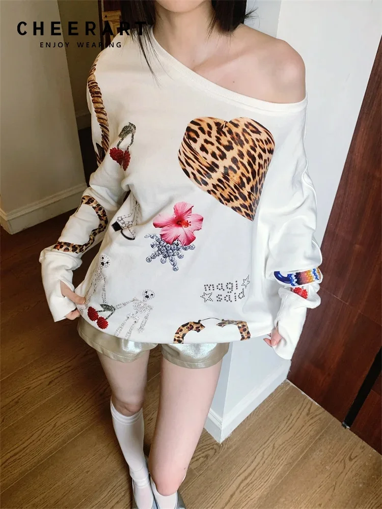 CHEERART Off The Shoulder Asymmetrical Print Hoodies Women White Pullovers Batwing Sweatshirt Long Sleeve Designer Top Clothing