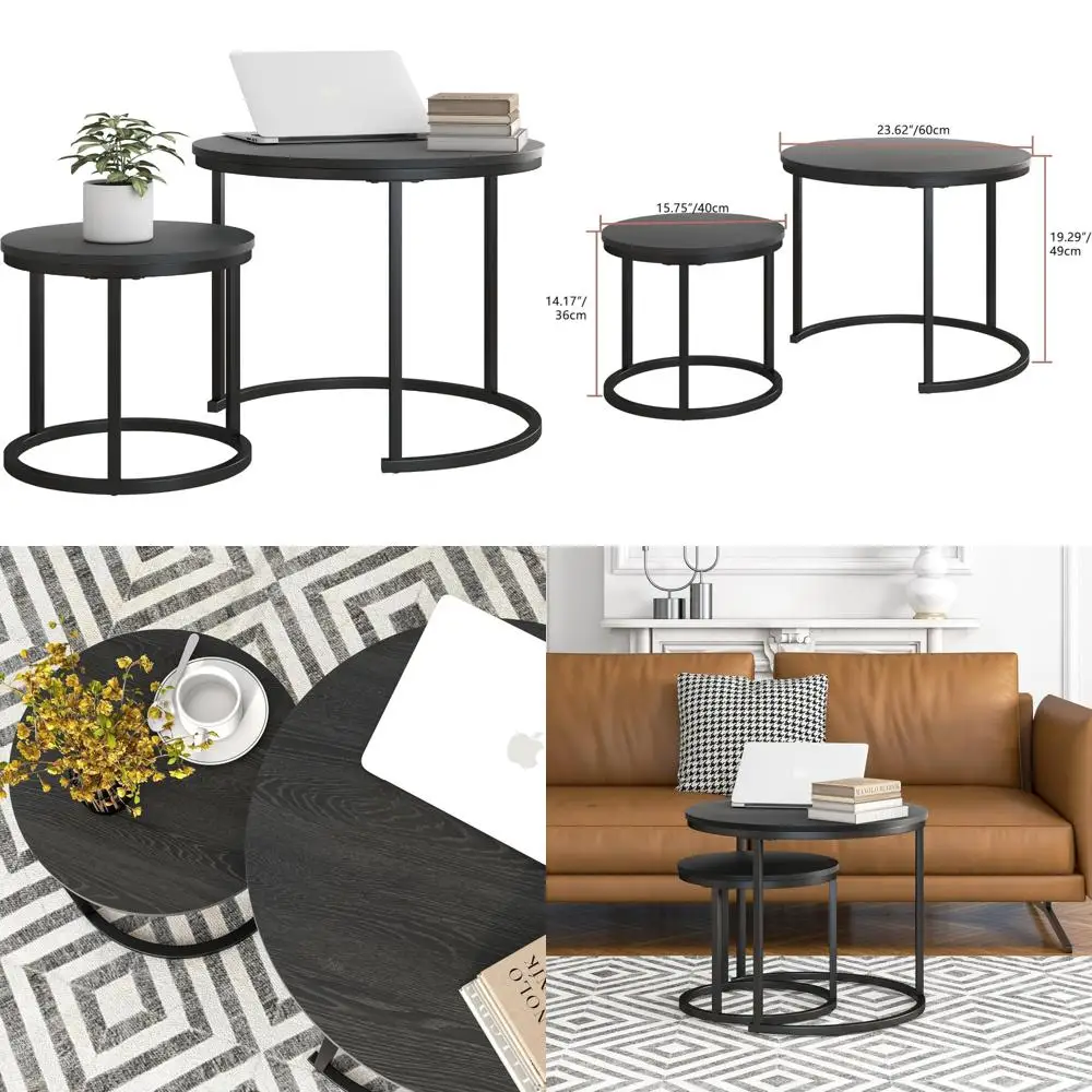 

Modern Black Round Coffee Table Set of 2, Nesting End Tables for Living Room, Farmhouse Style Wood Side Tables
