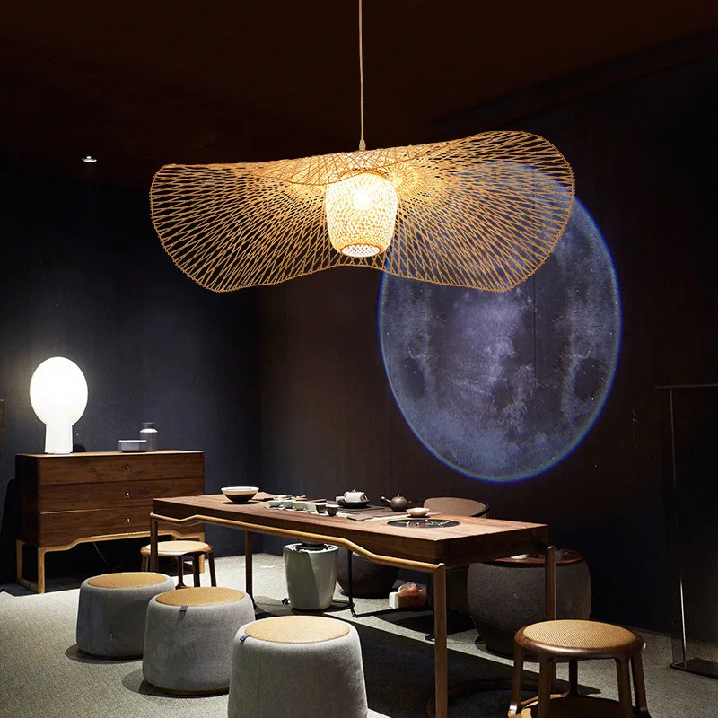 Imagem -04 - Estilo Japonês Bambu Chapéu de Palha Lâmpada do Teto Restaurante Luzes Pingente Estudo Zen Tecidos à Mão Arte Led Decoração para Casa