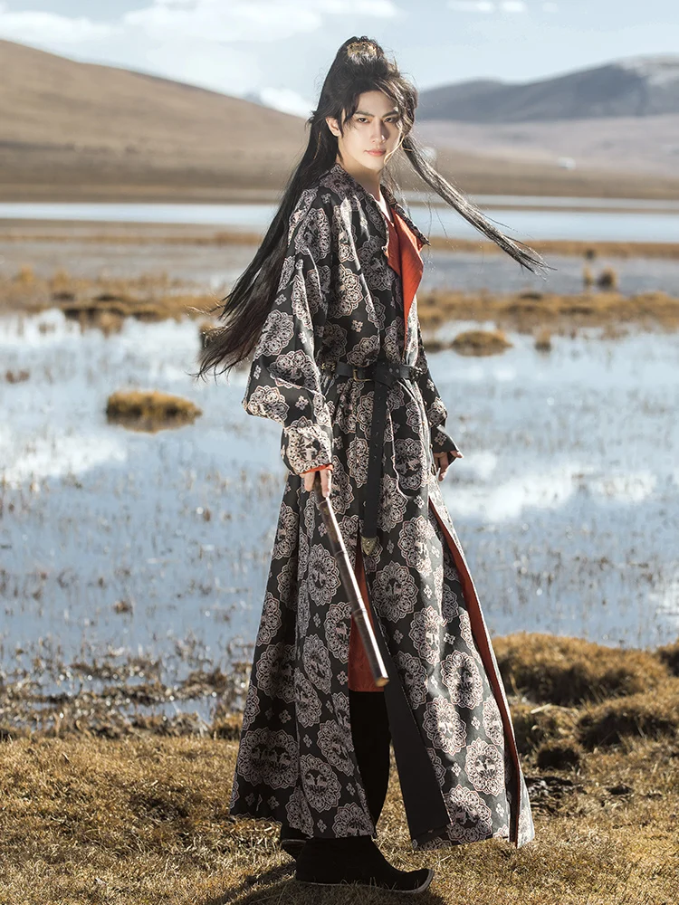 

Традиционная мужская одежда Hanfu, двухцветный тканый цветочный узор, круглый Ne Tang Sle Long Sve, полиэфирное волокно для поездок на работу...