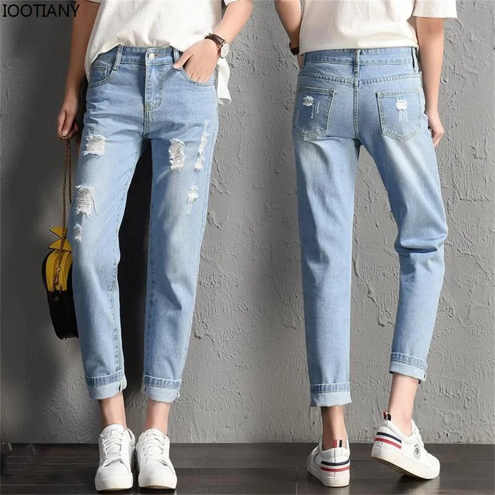 

IOOTIANY 2024 Casual High Street Denim Pants Women Fashion Mid Waist Big Ripped Hole Jeans Sexy Vintage Pencil Calca Jeans